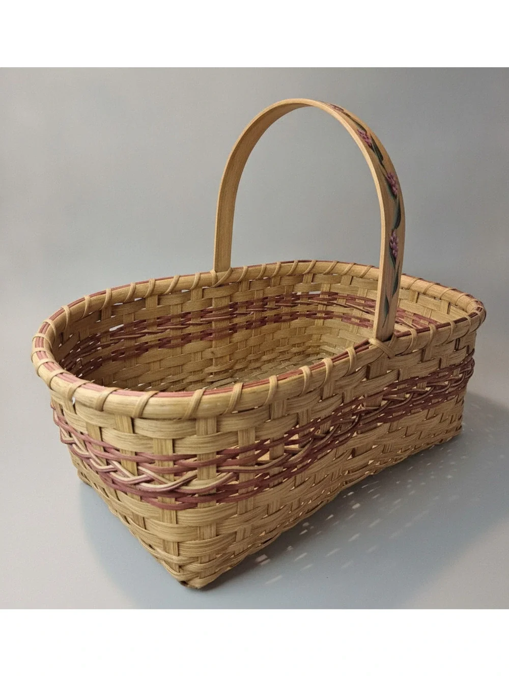 Vintage Handmade Hand-Painted Woven Splint Basket w/ Mauve Accent Weave 11